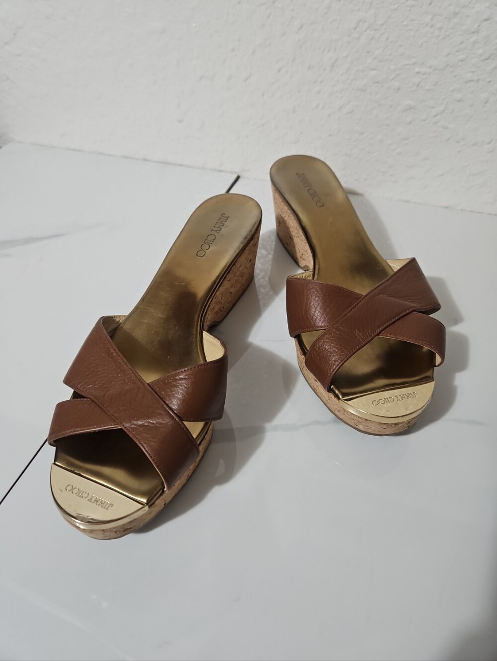 Jimmy Choo Prima Canyon Calfskin Cork Wedge Slide Sandals Brown Leather